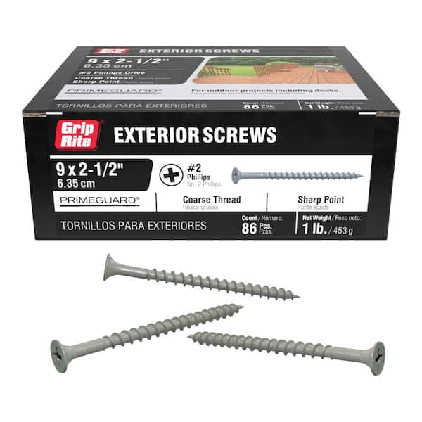 Grip-Rite #9 x 2-1/2 in. #2 Phillips Bugle Head Coarse Thread Sharp Point Coated Exterior Wood Screws 1 lb. Box