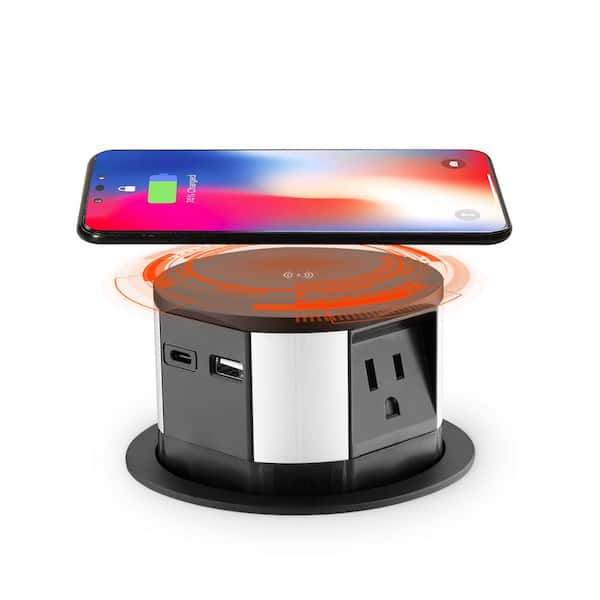 Link2Home 10-Watt Space Saver Pop Up-Outlet, Fast Induction Charger with Type-C USB, 3-Outlets, 2 USB Ports, Surge Protection
