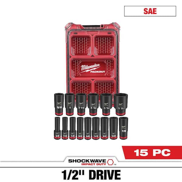 Milwaukee SHOCKWAVE Impact-Duty 1/2 in. Drive SAE Deep Well Impact PACKOUT Socket Set (15-Piece)