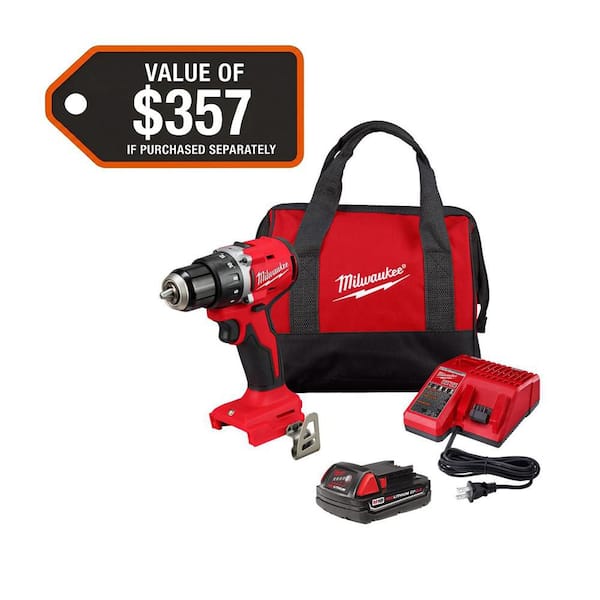 Milwaukee M18 18V Lithium-Ion Brushless Cordless 1/2 in. Compact Drill/Driver with One 2.0 Ah Battery, Charger and Tool Bag
