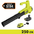 RYOBI ONE+ 18V 90 MPH 250 CFM Cordless Battery Leaf Blower/Sweeper with 2.0 Ah Battery and Charger P21011K