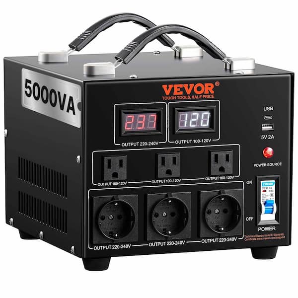 VEVOR Voltage Converter Transformer 5000-Watt Up/Down Transformer 110V/220-Volt with US/EU Outlet 5-Volt USB Port CE Certified